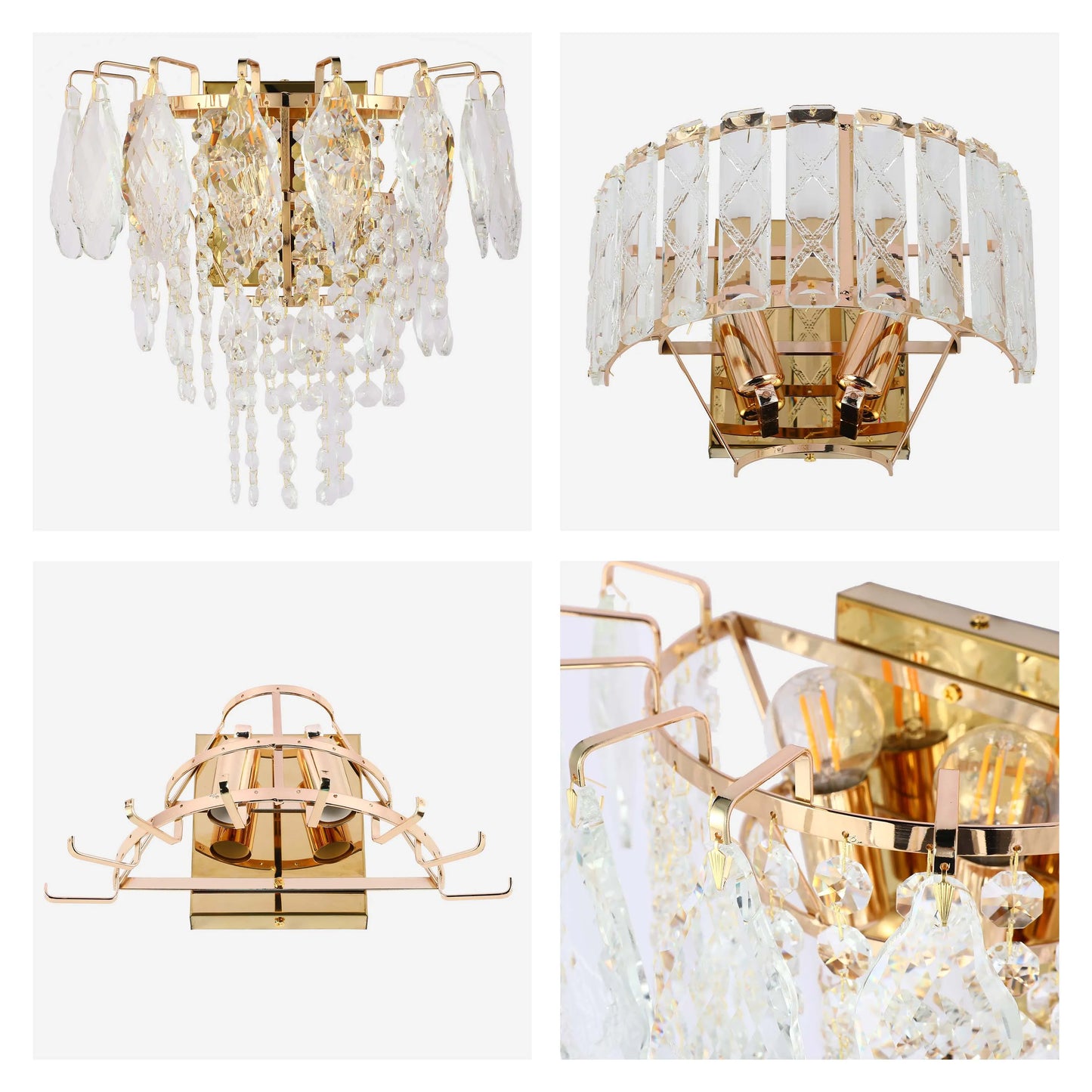 A selection of dazzling gold and crystal wall lights. A touch of elegance for any interior scheme.