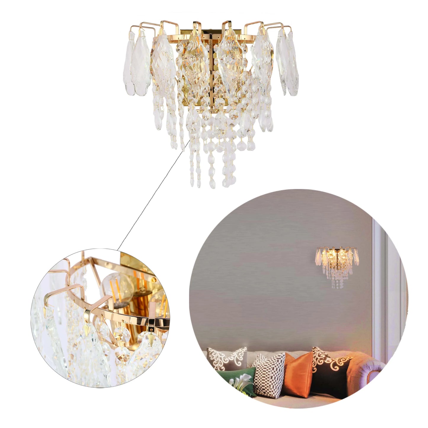 A gold and crystal wall sconce. Opulent lighting for an entryway, bedroom, or dining room.