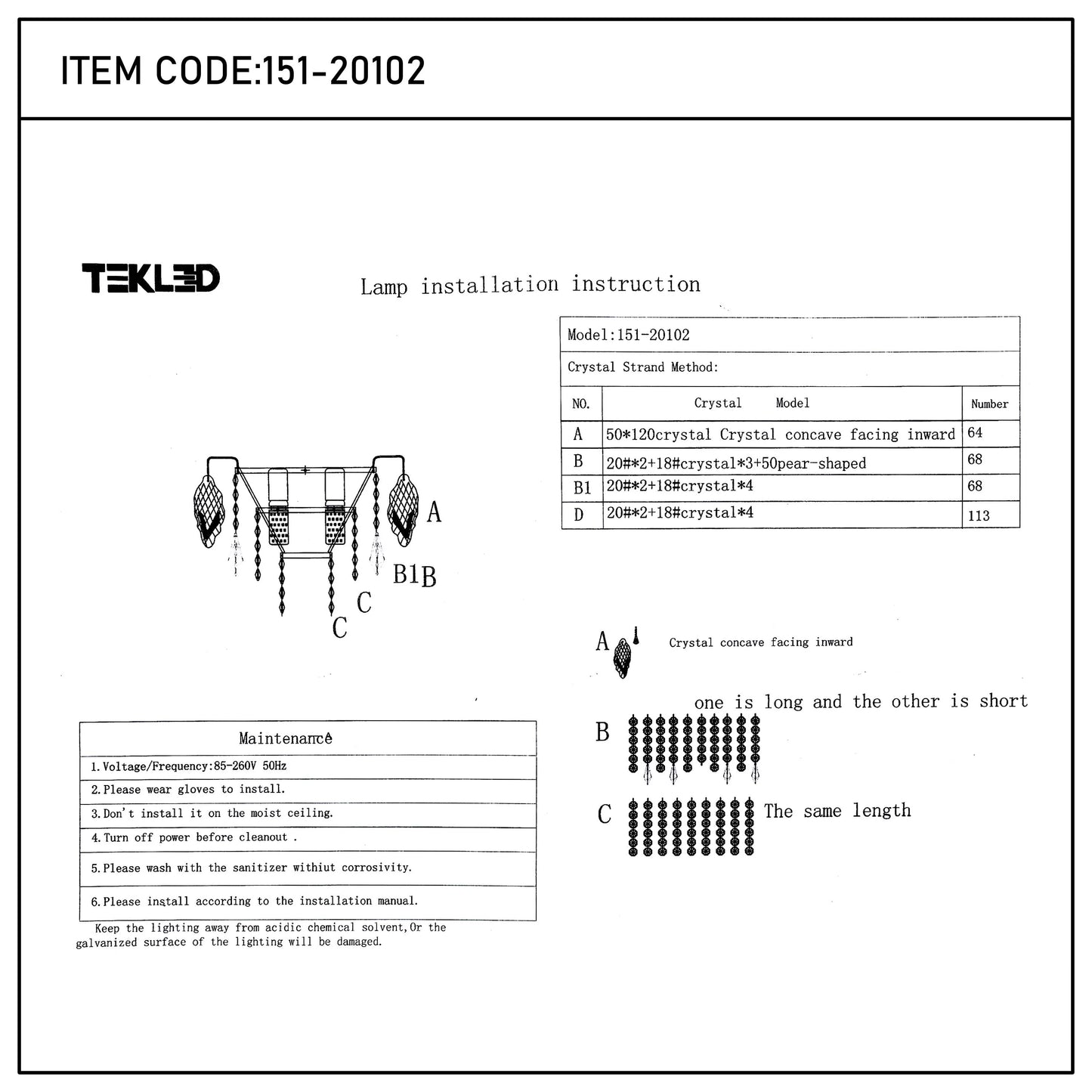 Lamp installation instructions with component key and maintenance information.