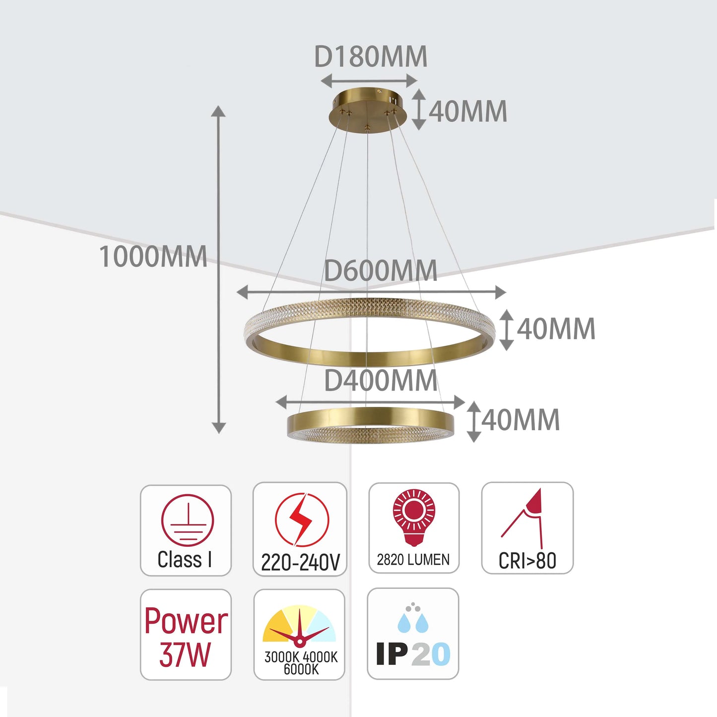 A modern 3-ring LED pendant light with gold finish, with product dimensions and specification call-outs.