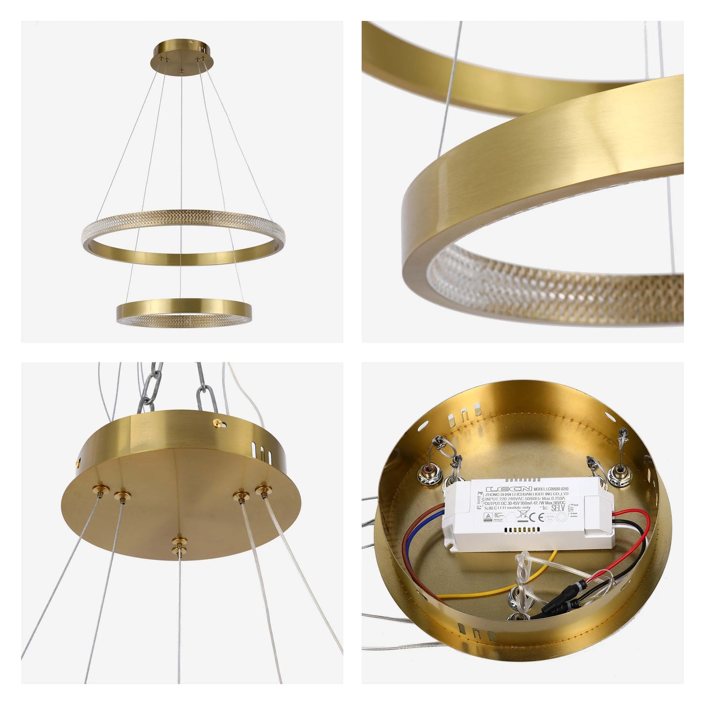 A modern two-tiered ring chandelier with a gold finish and integrated LED lighting, displayed in a bright, clean style.