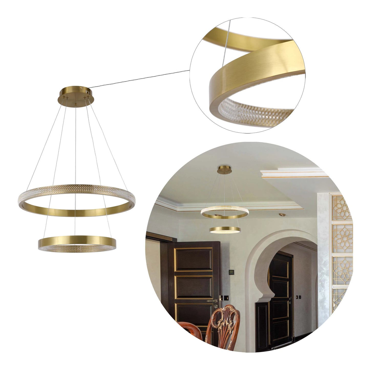 A striking modern two-tier LED chandelier in gold. A stylish focal point for contemporary living spaces.