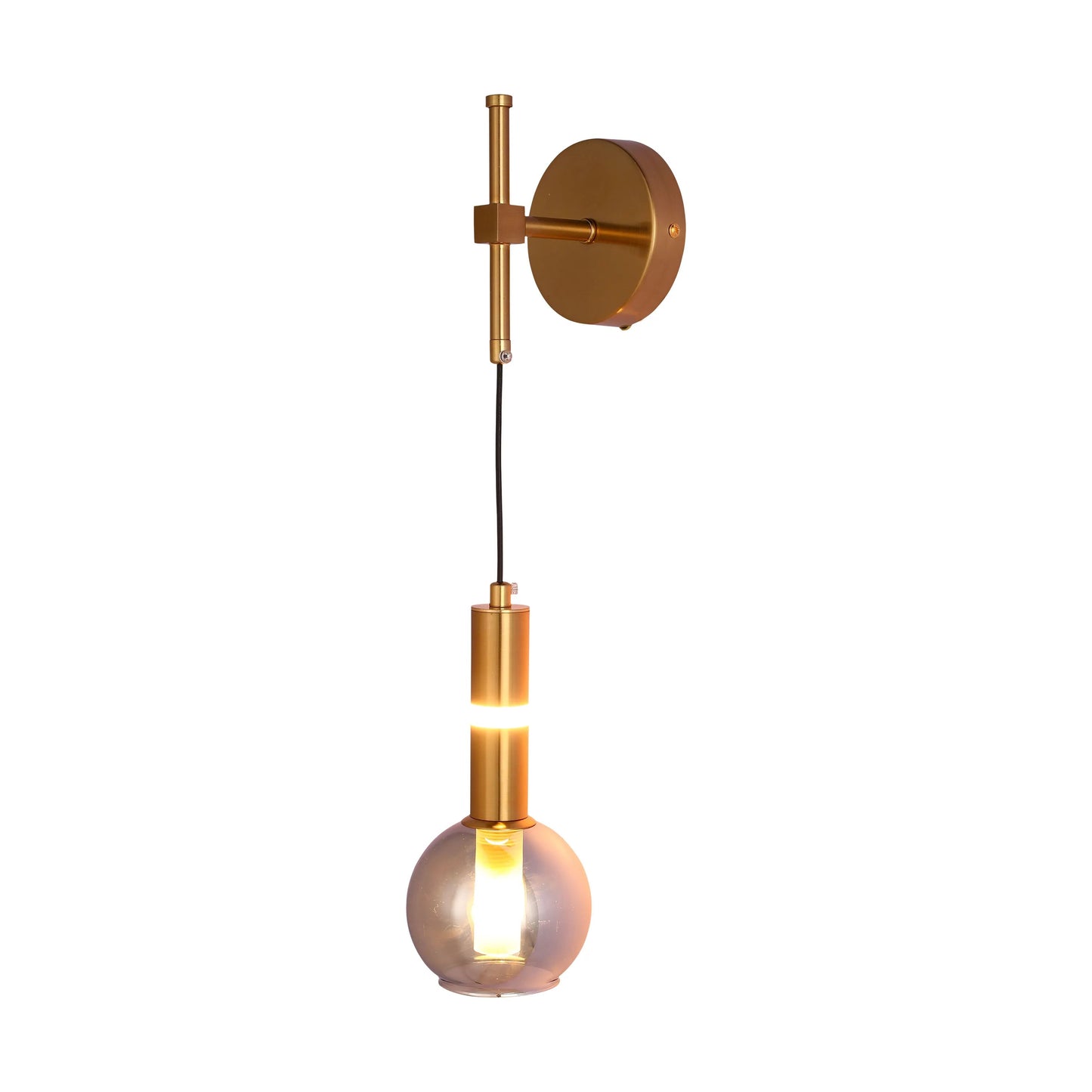 Modern wall light with gold finish, featuring a unique, glass bulb. Perfect for adding a touch of elegance to any room.