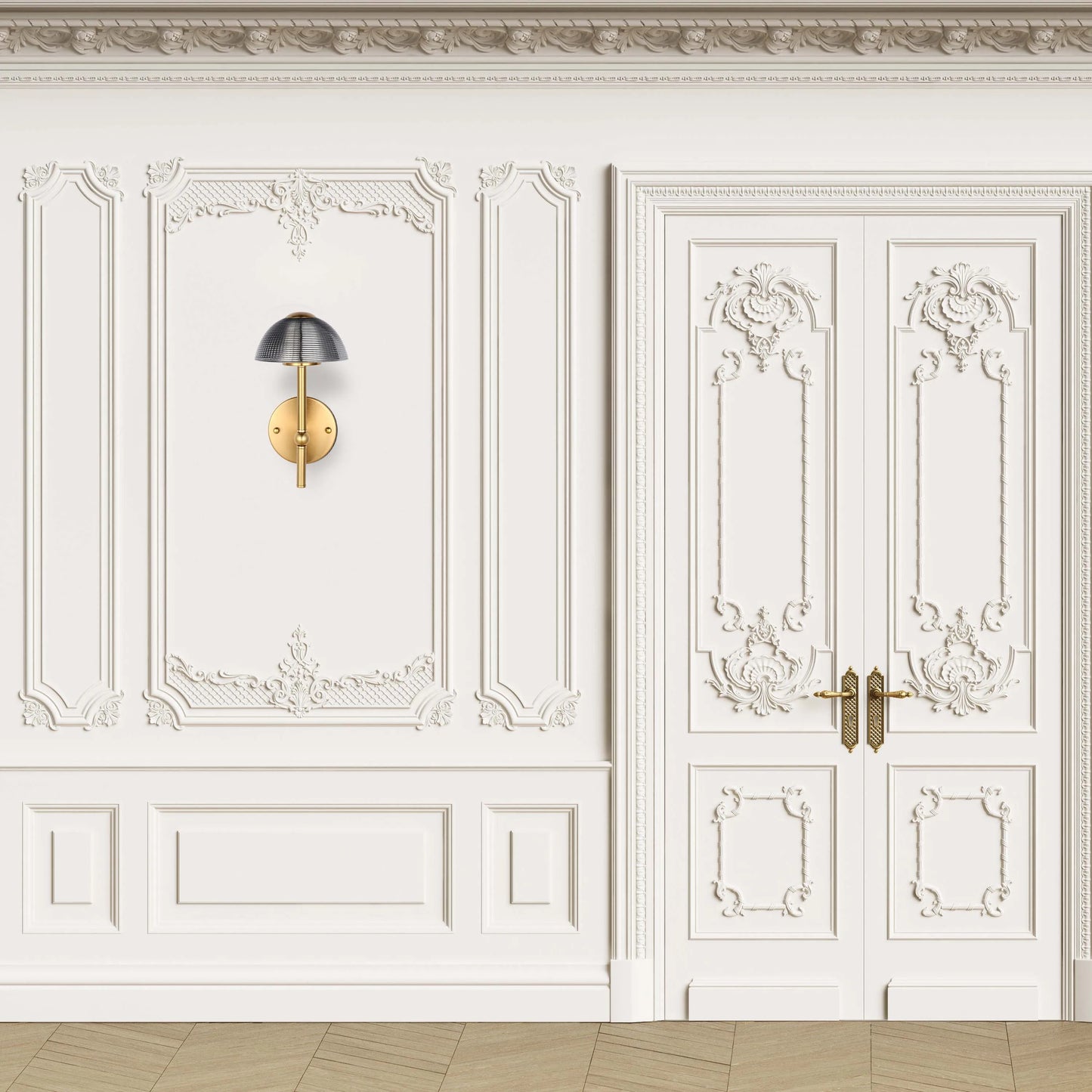 A gold and dark grey sconce-style wall light that complements the room's ornate panelling.