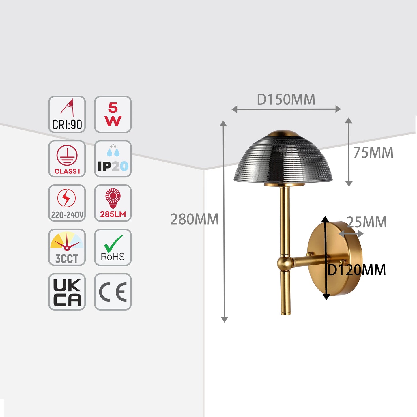 Diagram showing dimensions and specs for a stylish wall light. Includes measurements, wattage, and certifications.