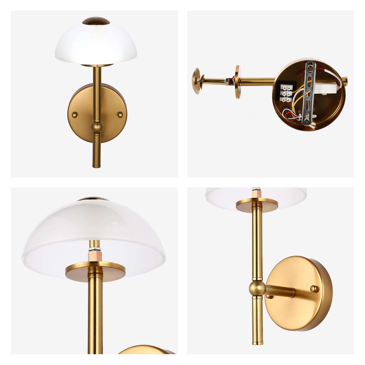 A sleek brass wall light with a rounded, frosted glass shade. Perfect for adding a touch of modern elegance to any space.