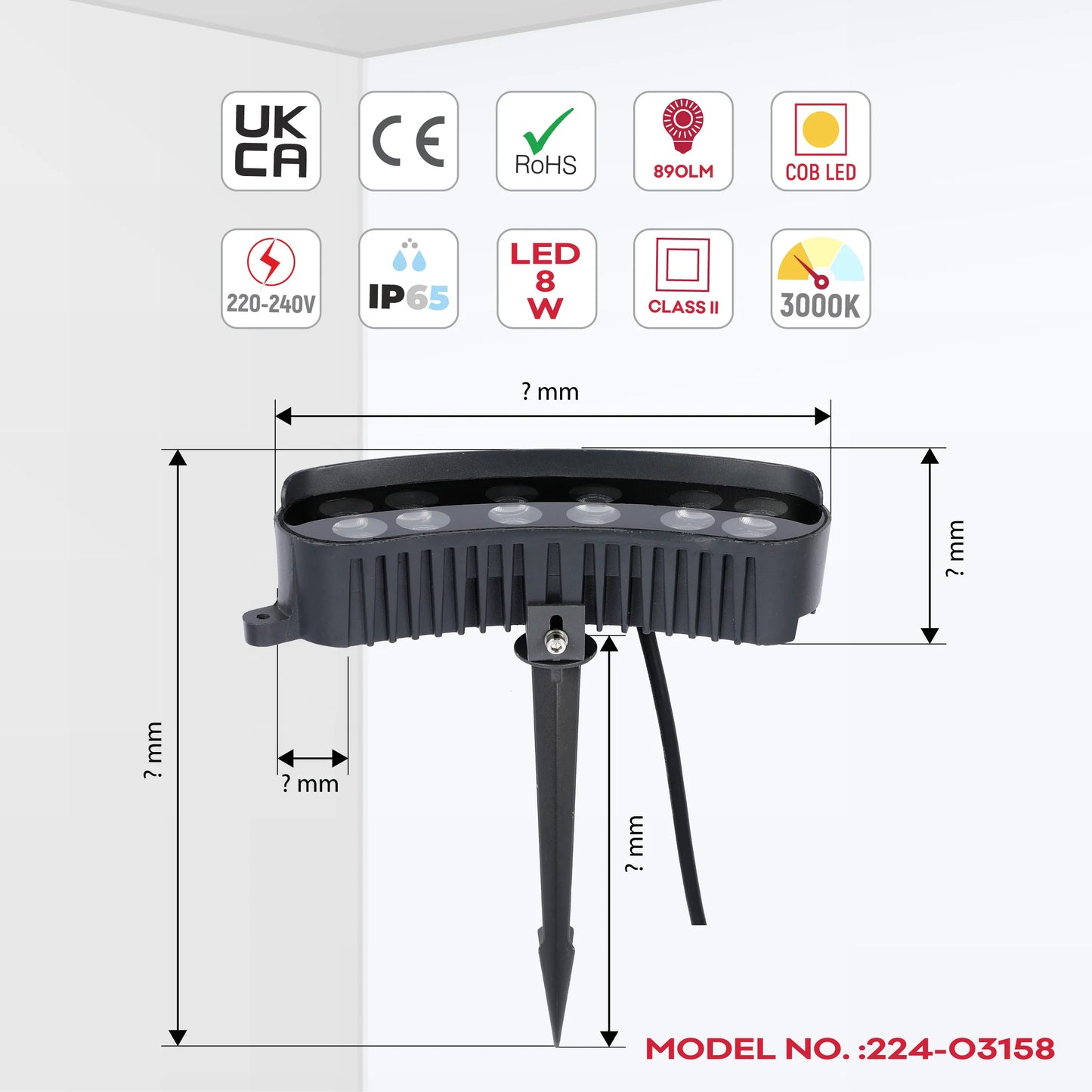 A spotlight with stake; ideal for outdoor use. Features a UKCA & CE mark, 8W LED, IP65 rating and emits a warm 3000K light.