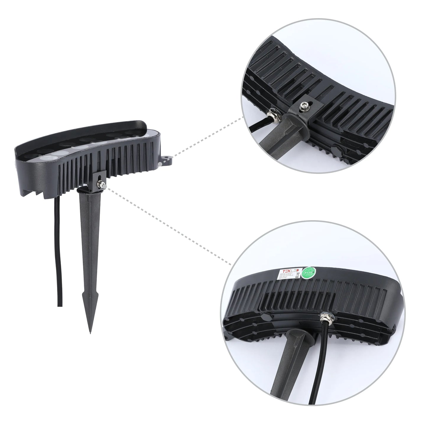 A black outdoor spotlight, featuring a ground spike and heat sink, for illuminating gardens and landscapes.