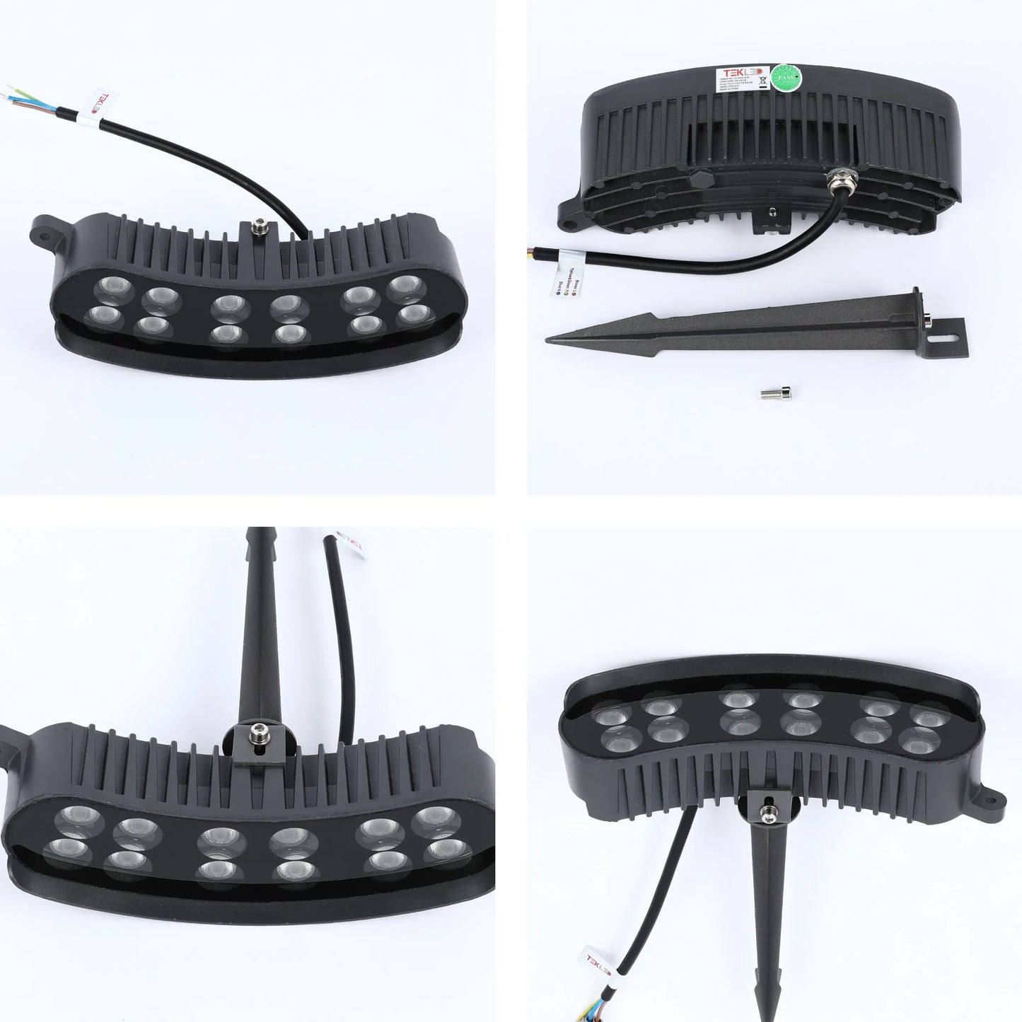 LED floodlight with stake mount, showcasing a sleek, curved design. Ideal for garden or outdoor accent lighting. Black finish.