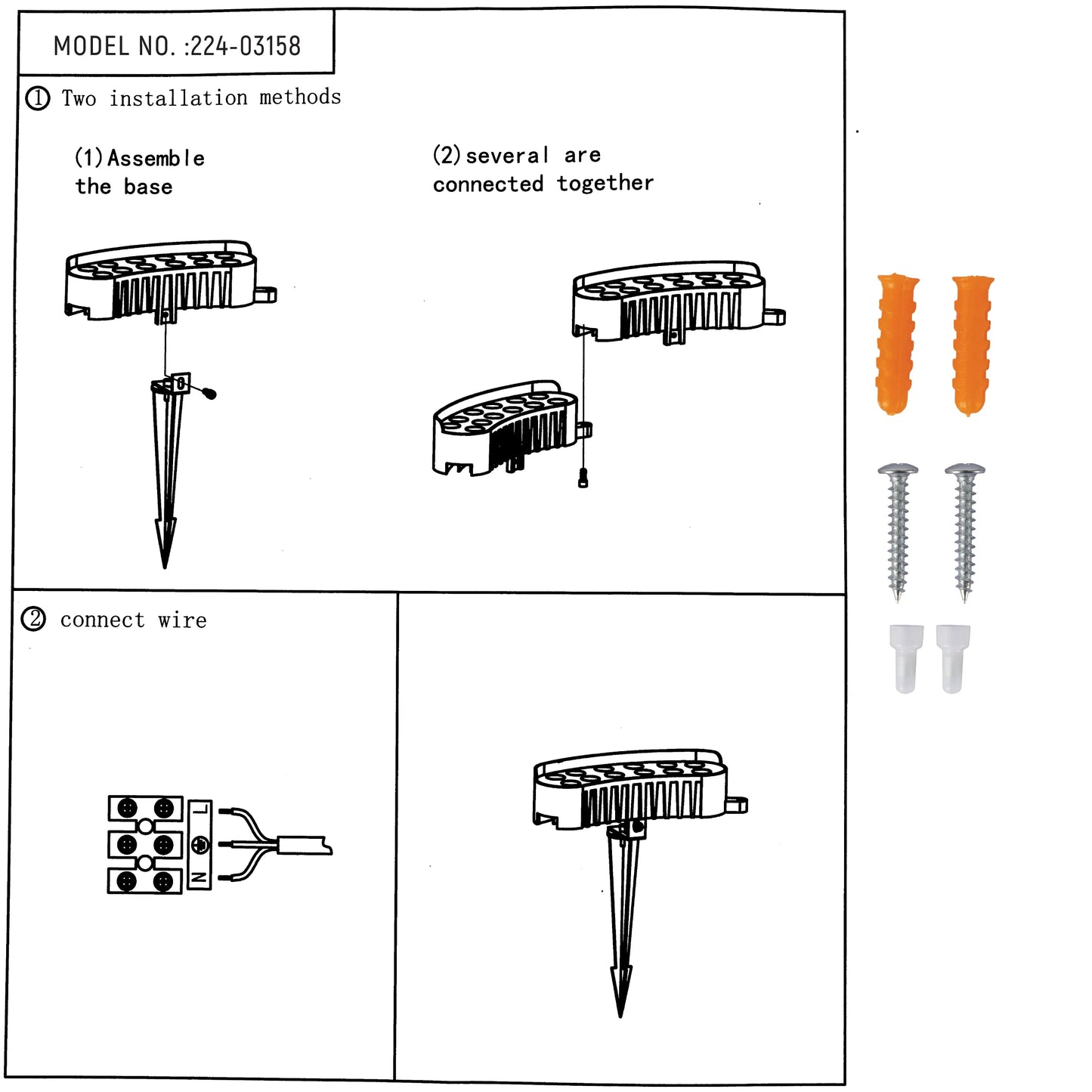 Diagram showing two installation methods for lighting units, plus wires and mounting hardware.