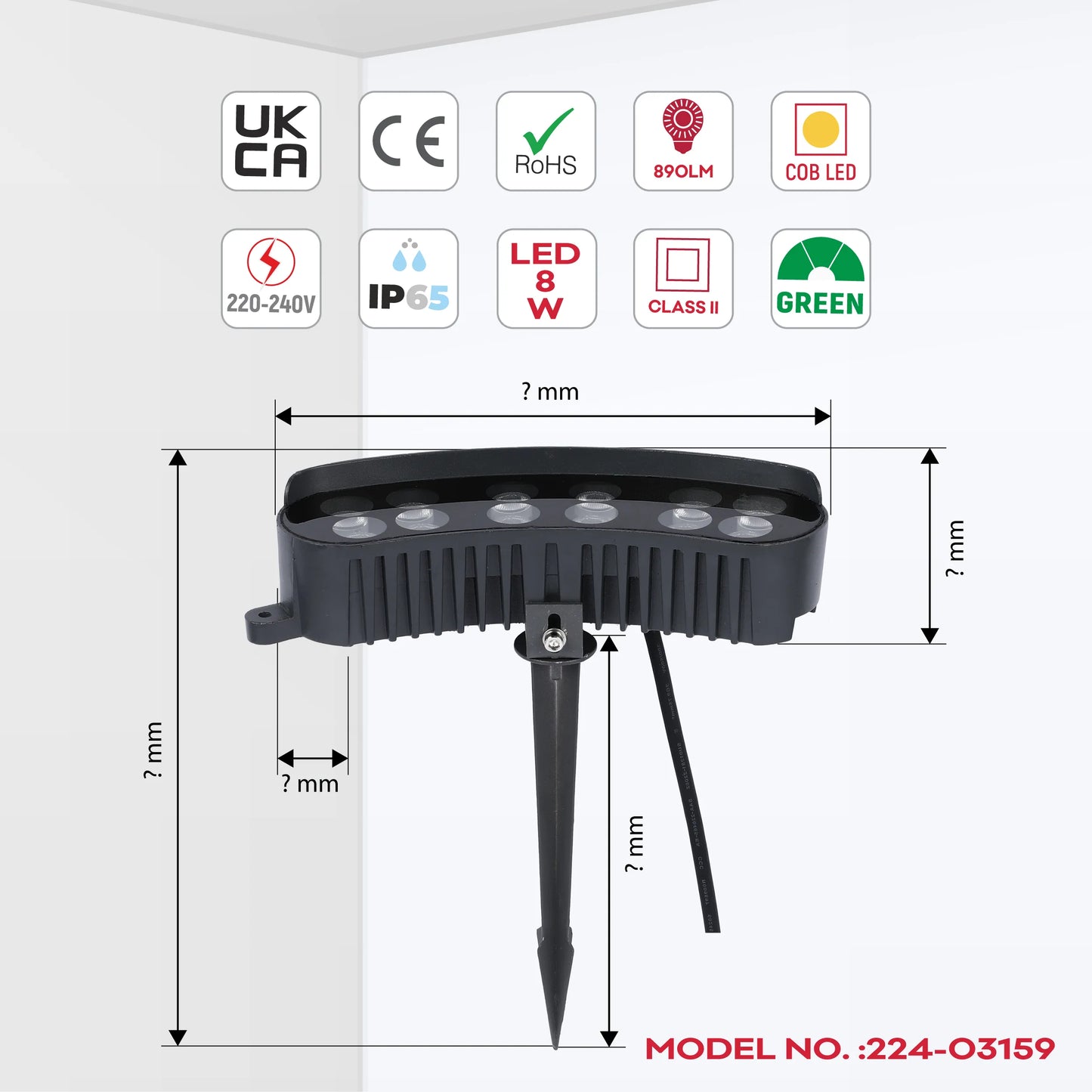 Green LED garden spike light displaying dimensions and technical information.