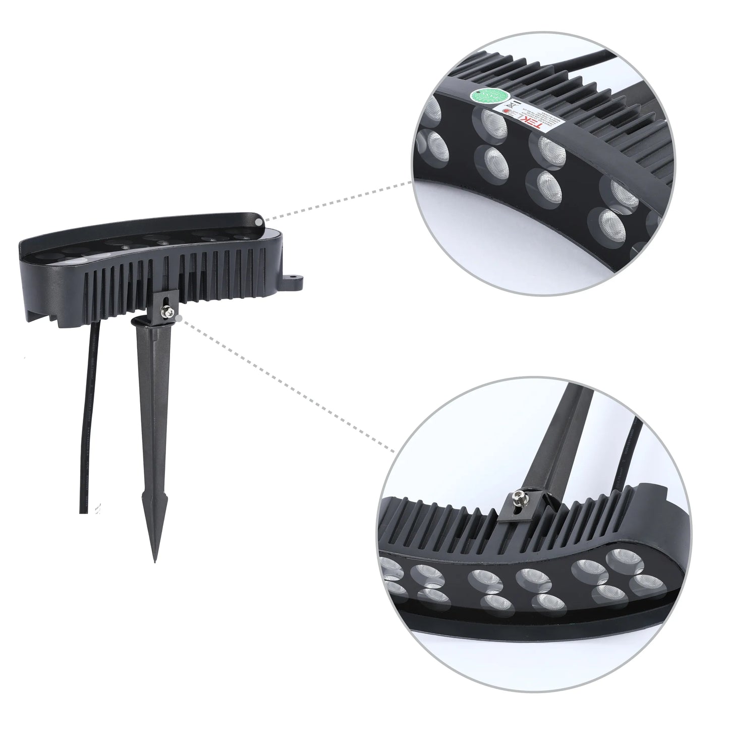 A black outdoor LED spotlight with a spike mount. Close-ups show the light's heat sink and LED array.