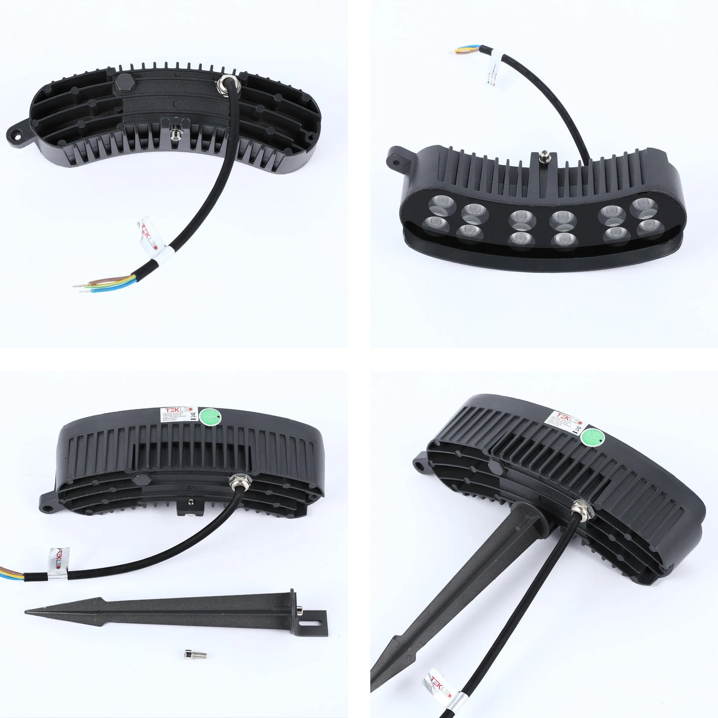 Curved LED floodlight with a spike mount. The light fitting is black and has a TEKLED label.
