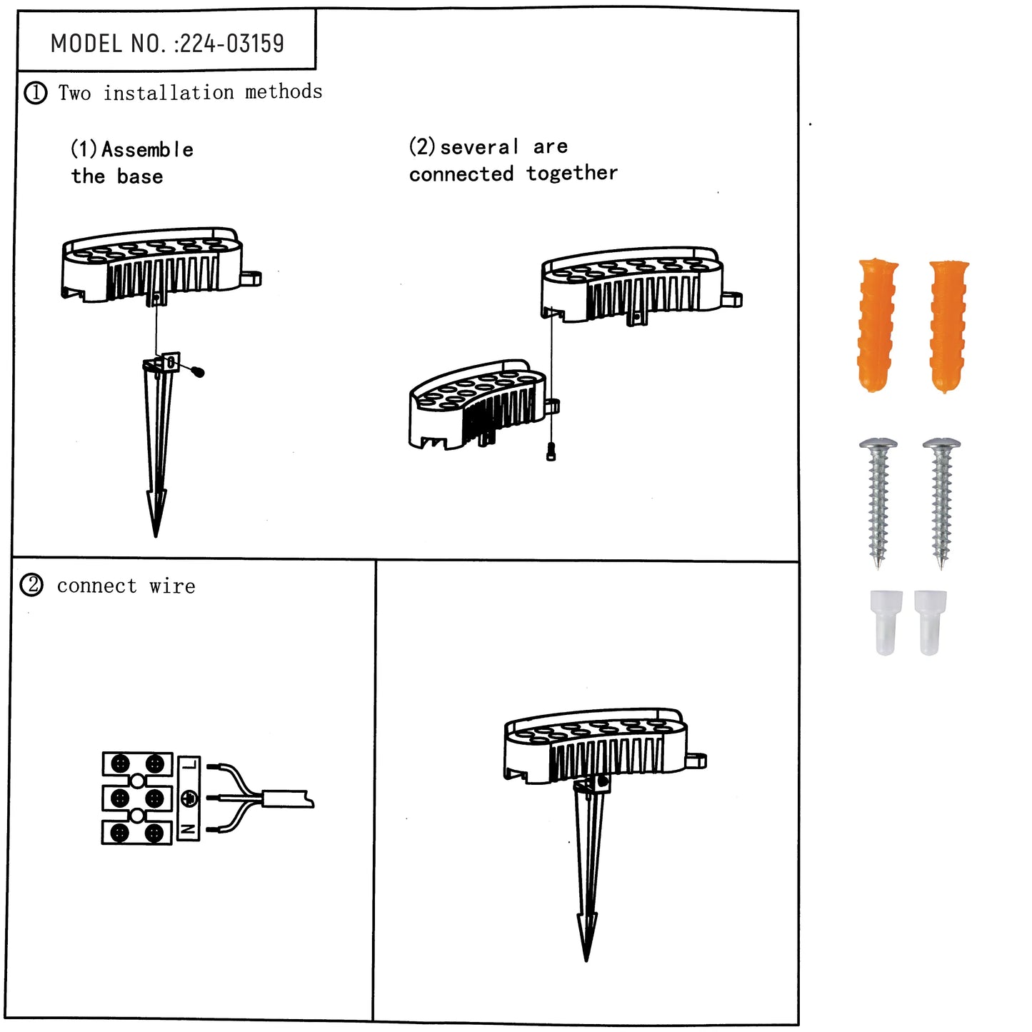 Illustration showcasing two installation methods and wire connections for Model 224-03159 lighting fixture.