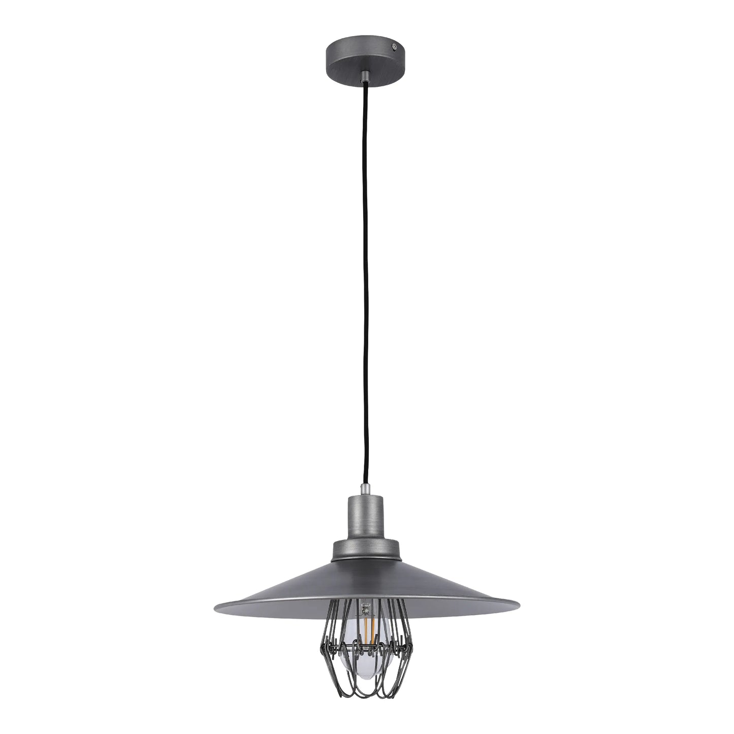 A grey industrial-style pendant light hangs from a black cable, casting a warm glow.
