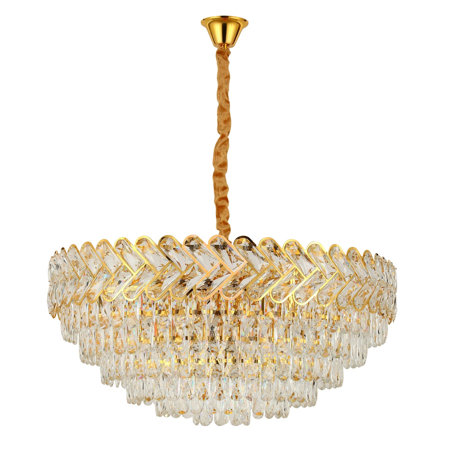 A glamorous gold chandelier with crystal detailing. A statement lighting piece to enhance a room.