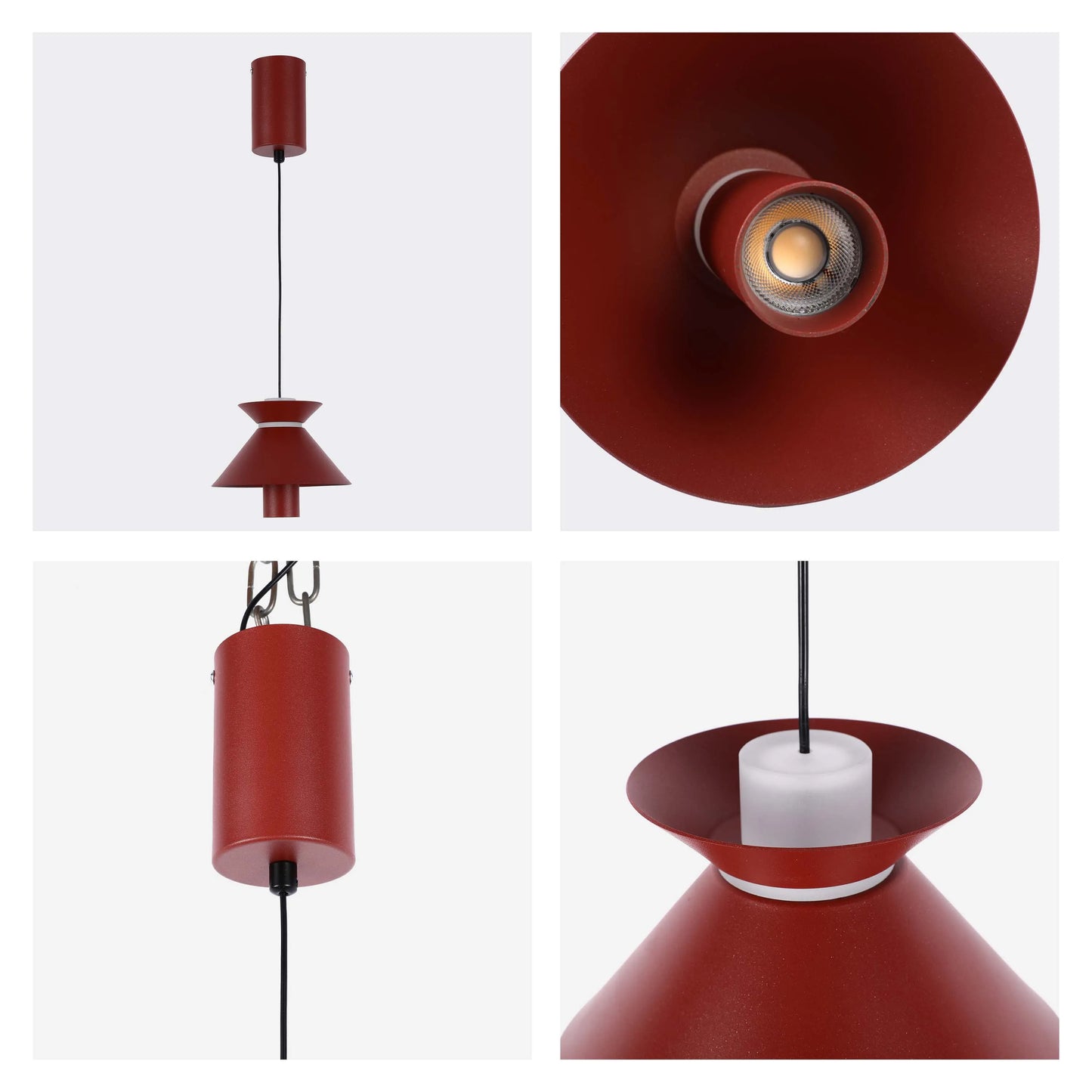 Stylish red pendant light, perfect for modern interiors. Provides warm, focused illumination with a touch of retro flair.
