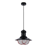 A black industrial pendant light fixture with red cage detailing, suspended from a black ceiling rose.