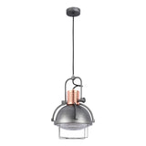 Industrial style pendant light with a copper detail and a metal cage, suspended from a black cable.