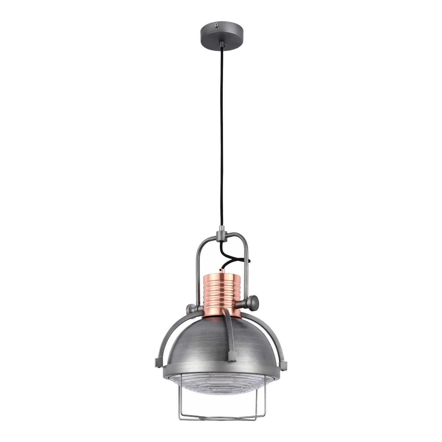 Industrial style pendant light with a copper detail and a metal cage, suspended from a black cable.