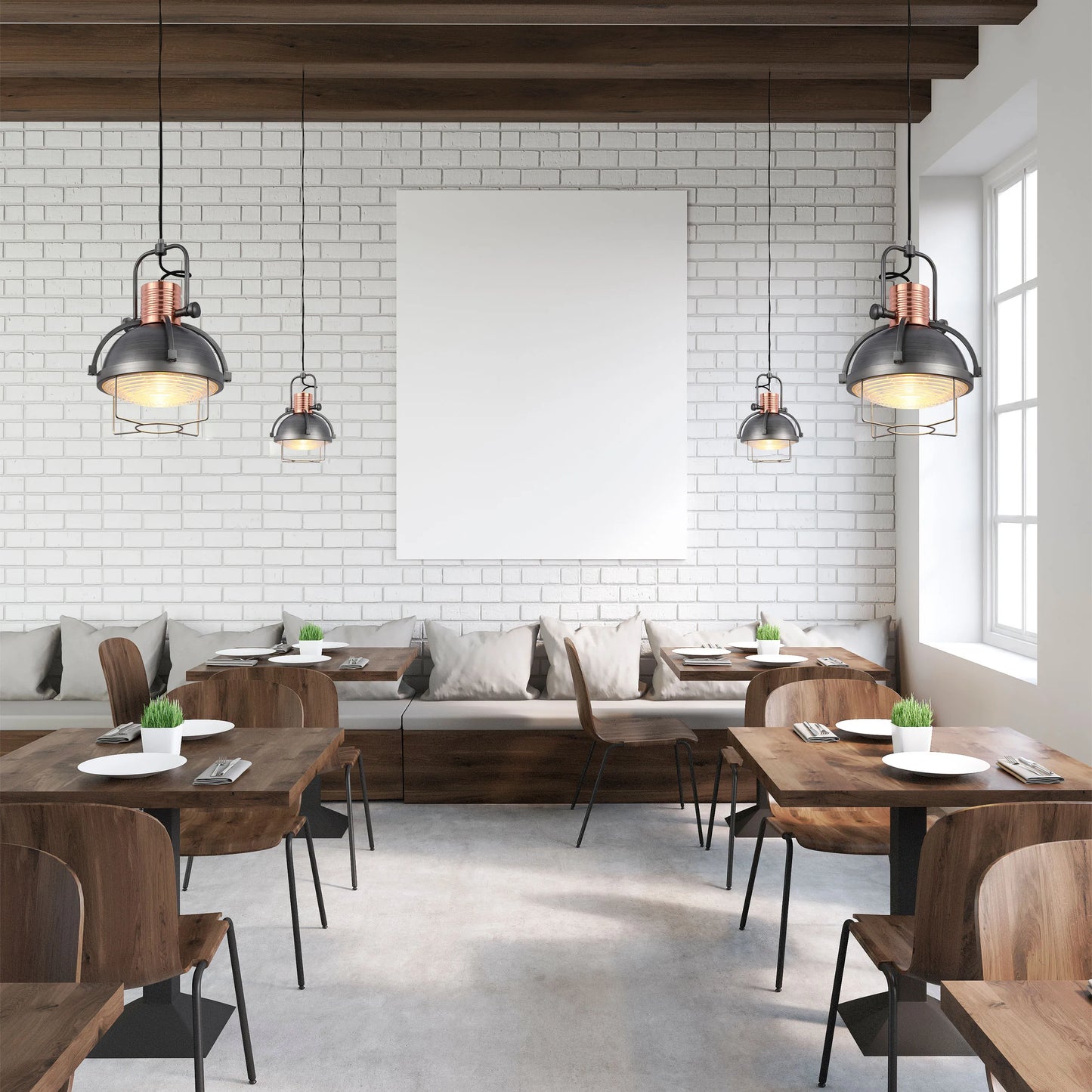 Industrial-style pendant lights with metal shades and copper accents illuminate a modern dining space.