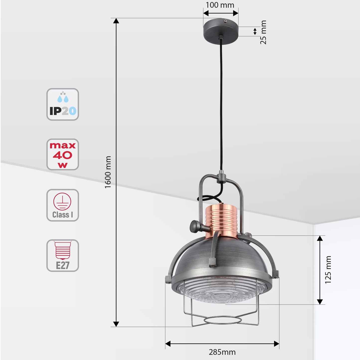 Industrial-style pendant light with grey finish, copper accents, E27 fitting, and dimensions displayed.