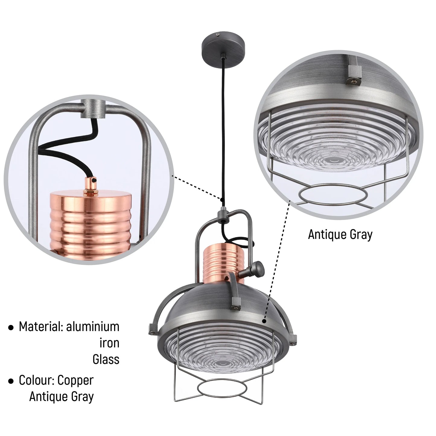 Antique grey & copper pendant light. Industrial-style metal & glass lighting for a vintage touch in any room.