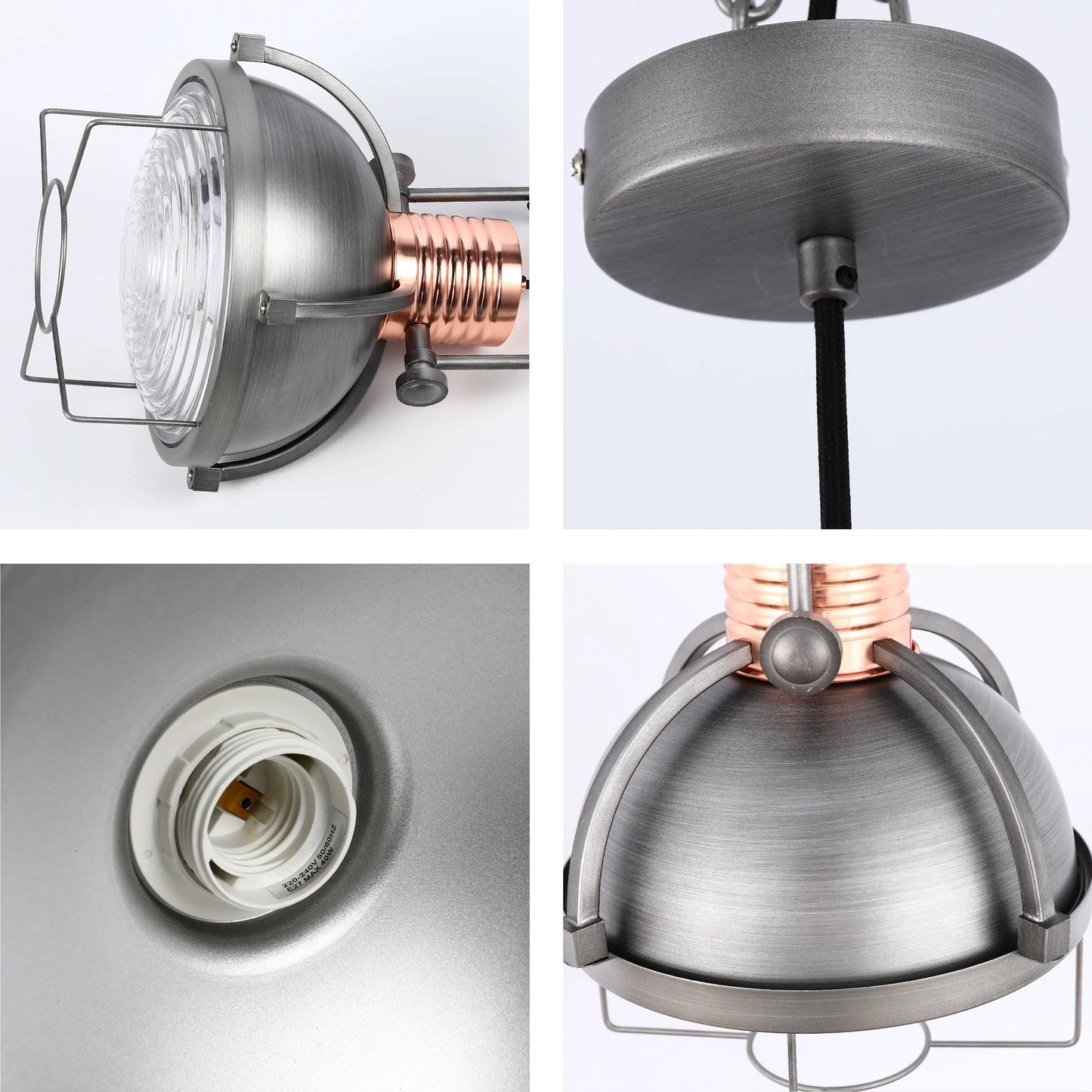 Industrial-style pendant light with a weathered silver finish and copper accents. Cage surround and clear lens. Ceiling rose included.