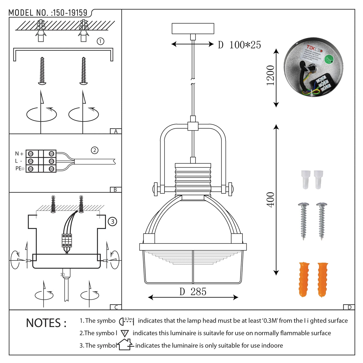A pendant light with dimensions, installation diagrams and safety notes for indoor use on normally flammable surfaces.