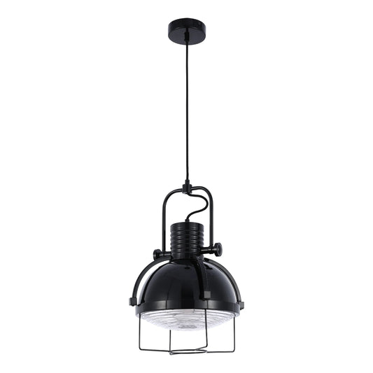 Black industrial pendant light. Downlight with a metal cage and domed shade, suspended from a black ceiling rose.