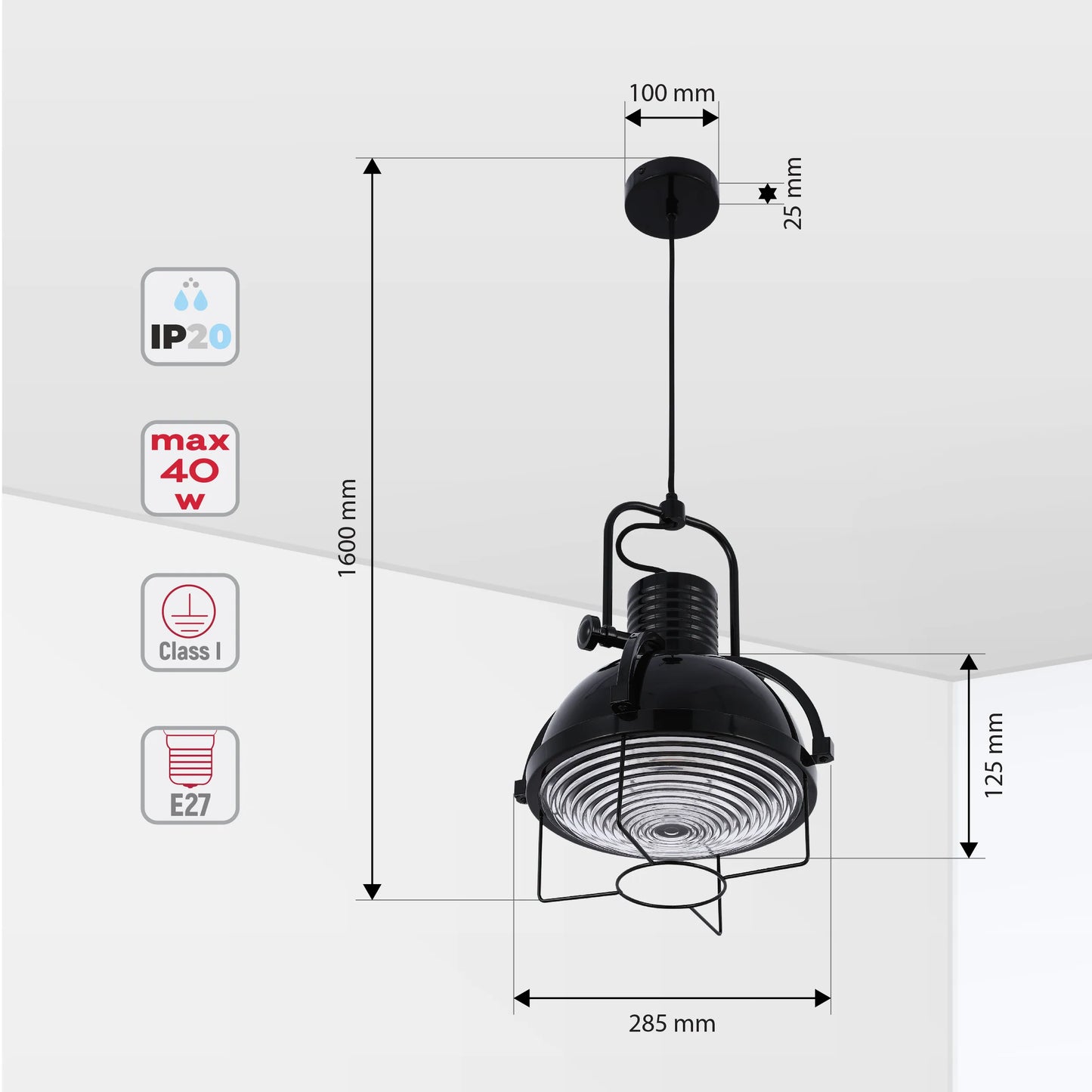 Black pendant light with dimensions (height 1600mm, diameter 285mm), 100mm ceiling rose and 25mm ceiling rose height.