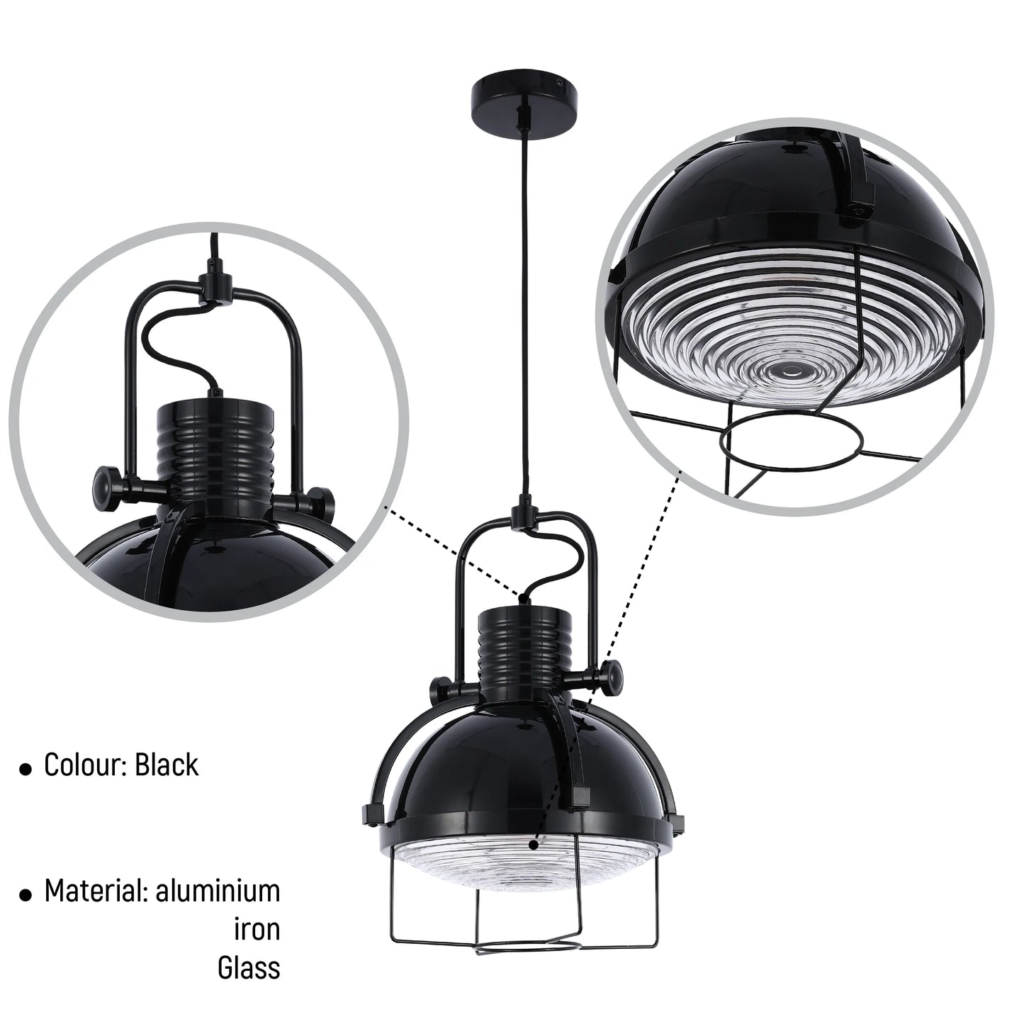 Industrial style black pendant light with aluminium, iron, and glass detailing. Ceiling mounted.