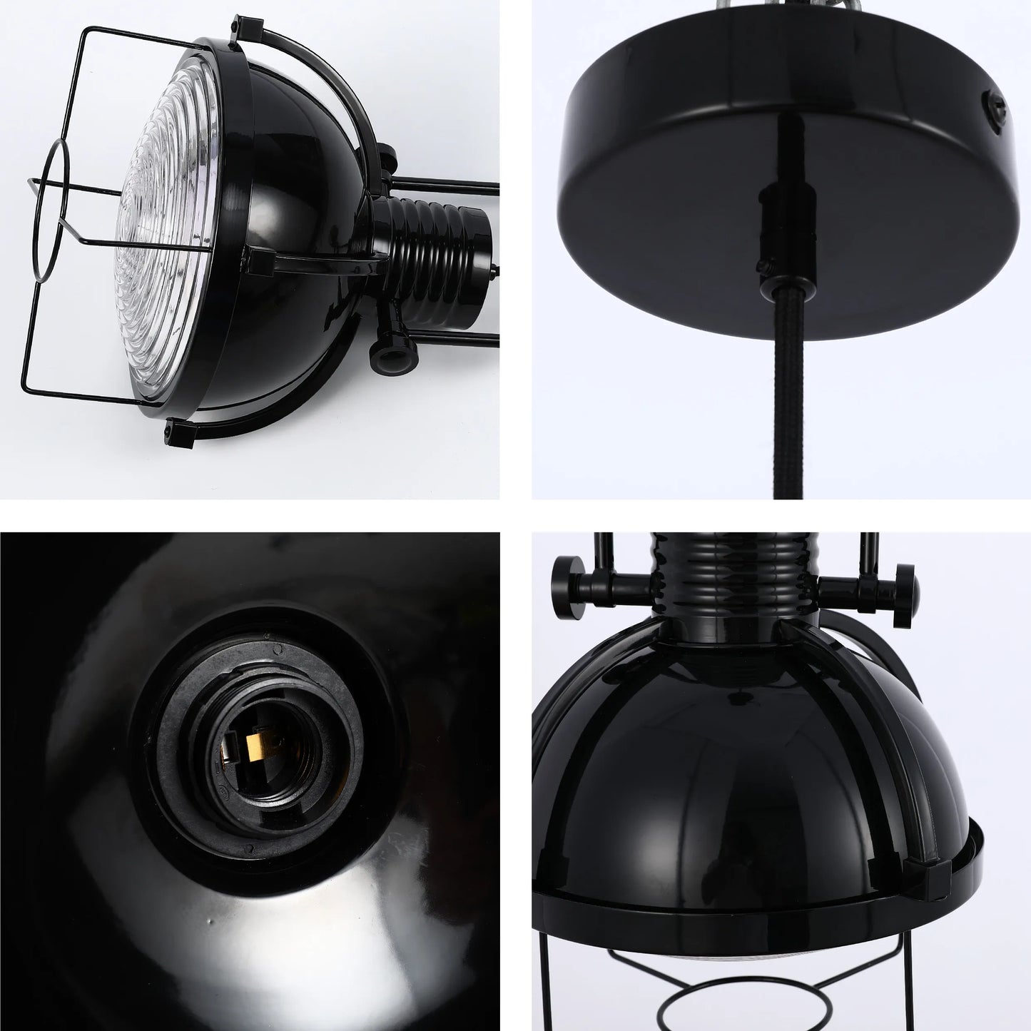 Close-up of a black, industrial-style pendant light fixture, showcasing its metal cage, bulb fitting and ceiling rose.