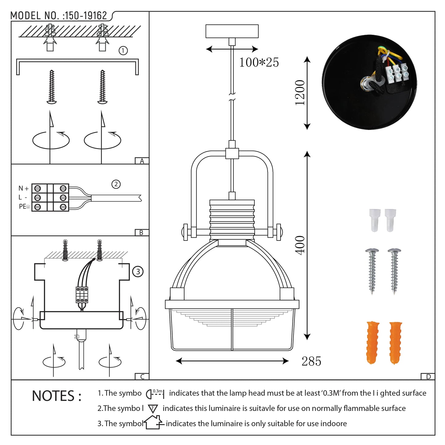 Technical drawing of a pendant light fixture, showing dimensions and wiring. Includes screws and wall plugs for mounting.