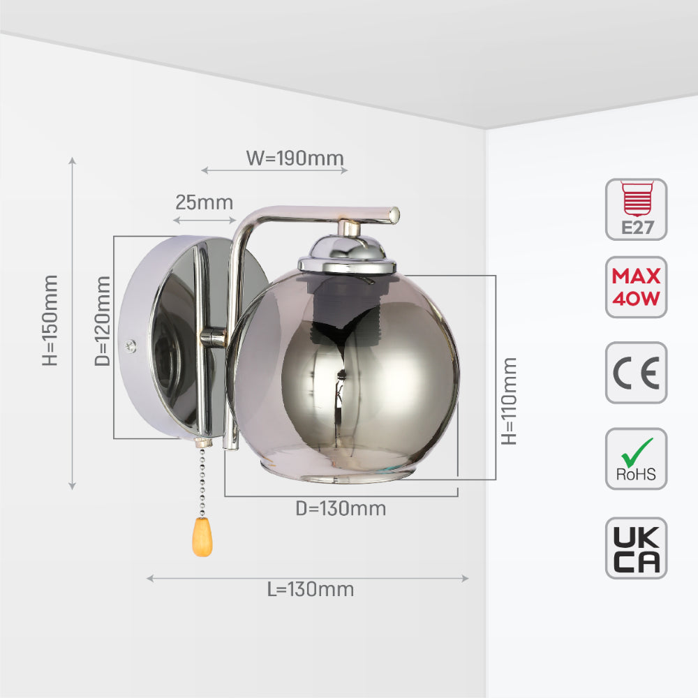 L-Shape Dome Glass Wall Light E27 with Pull Down Switch 6