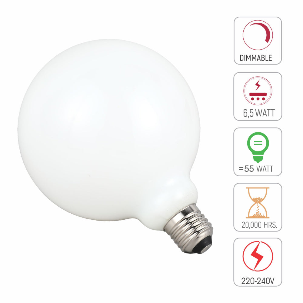 LED Bulb Dimmable Globe E27 6.5W 2700K Milky Glass Pack of 2