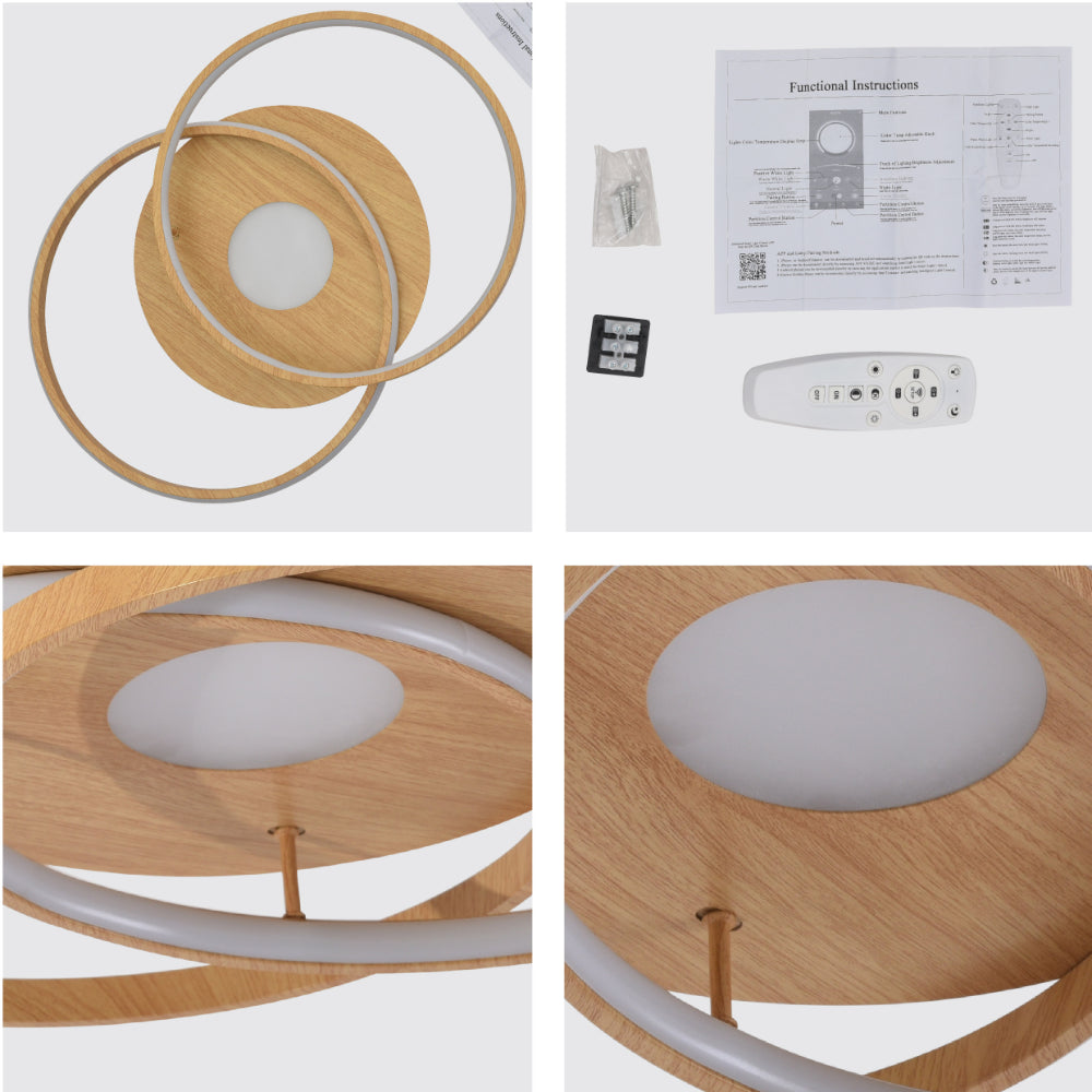 LED Circles Wood Finishing 34W CCT Change Dimmable Contemporary Nordic Scandinavian Flush Ceiling Light with Remote Control