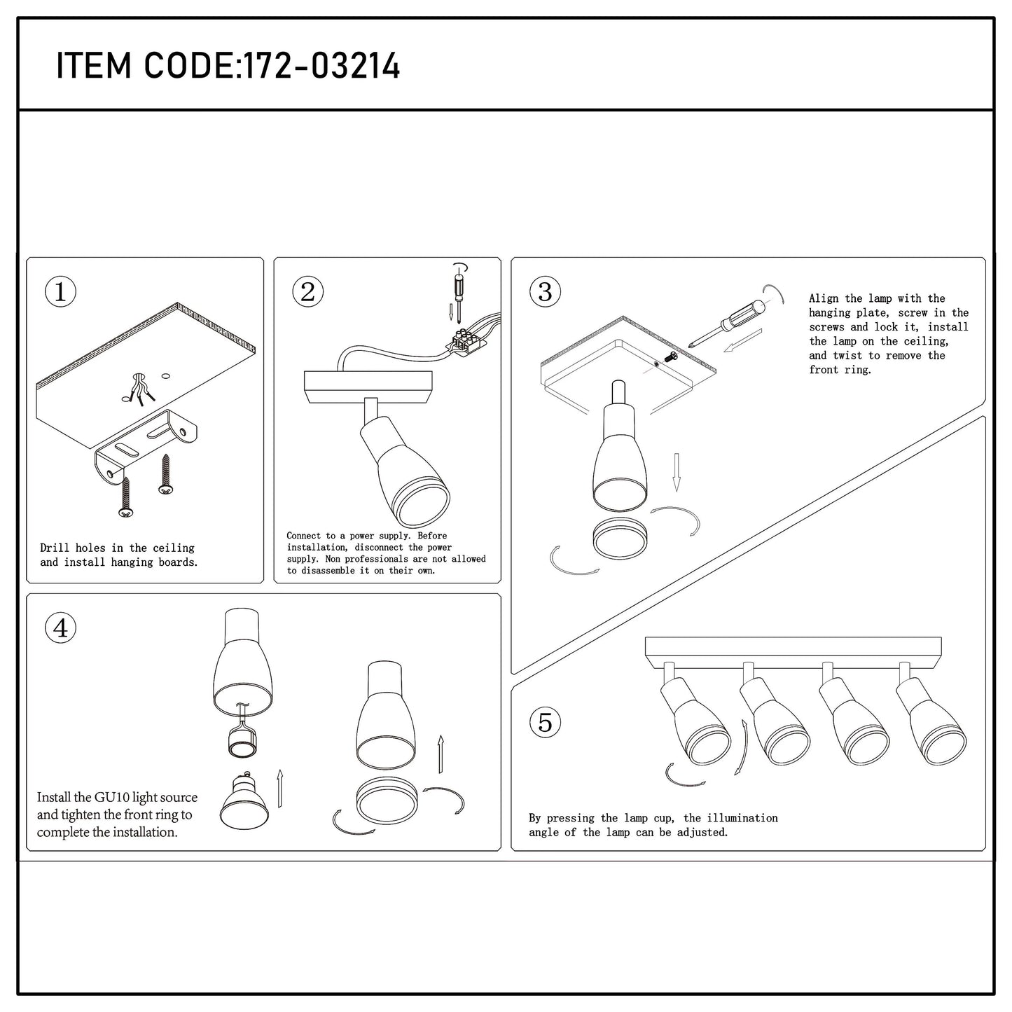 A track lighting fixture in 5 steps, starting from drilling and installing to adjusting the lamp.