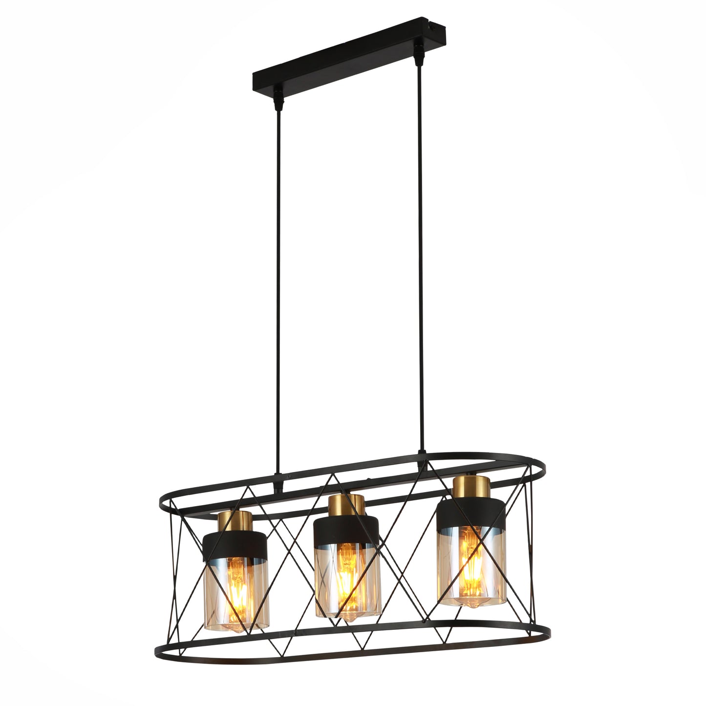 Main image of Black Cage Metal Amber Cylinder Glass Island Chandelier with 3xE27 Fittings | TEKLED 159-17498
