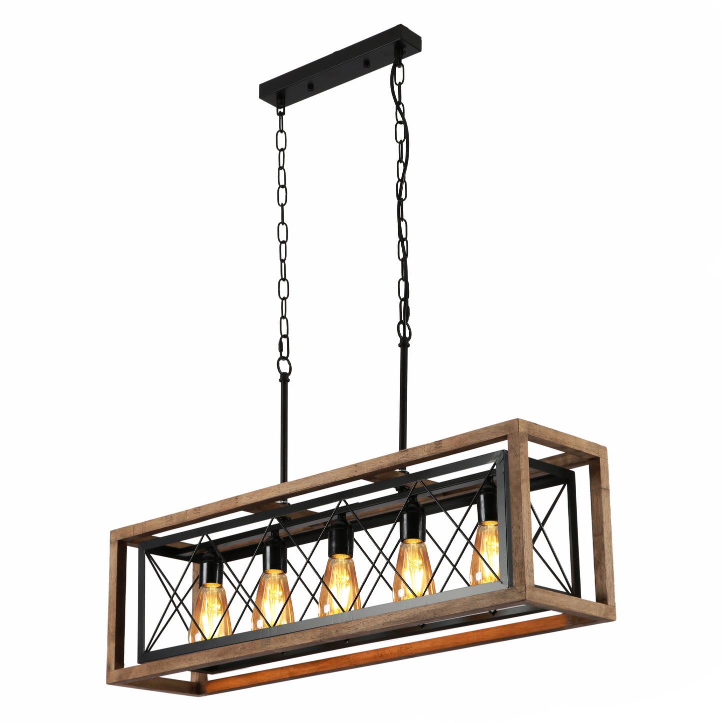 Main image of Black Metal Cage Old Wood Cuboid Kitchen Island Chandelier Ceiling Light with 5xE27 | TEKLED 159-17860