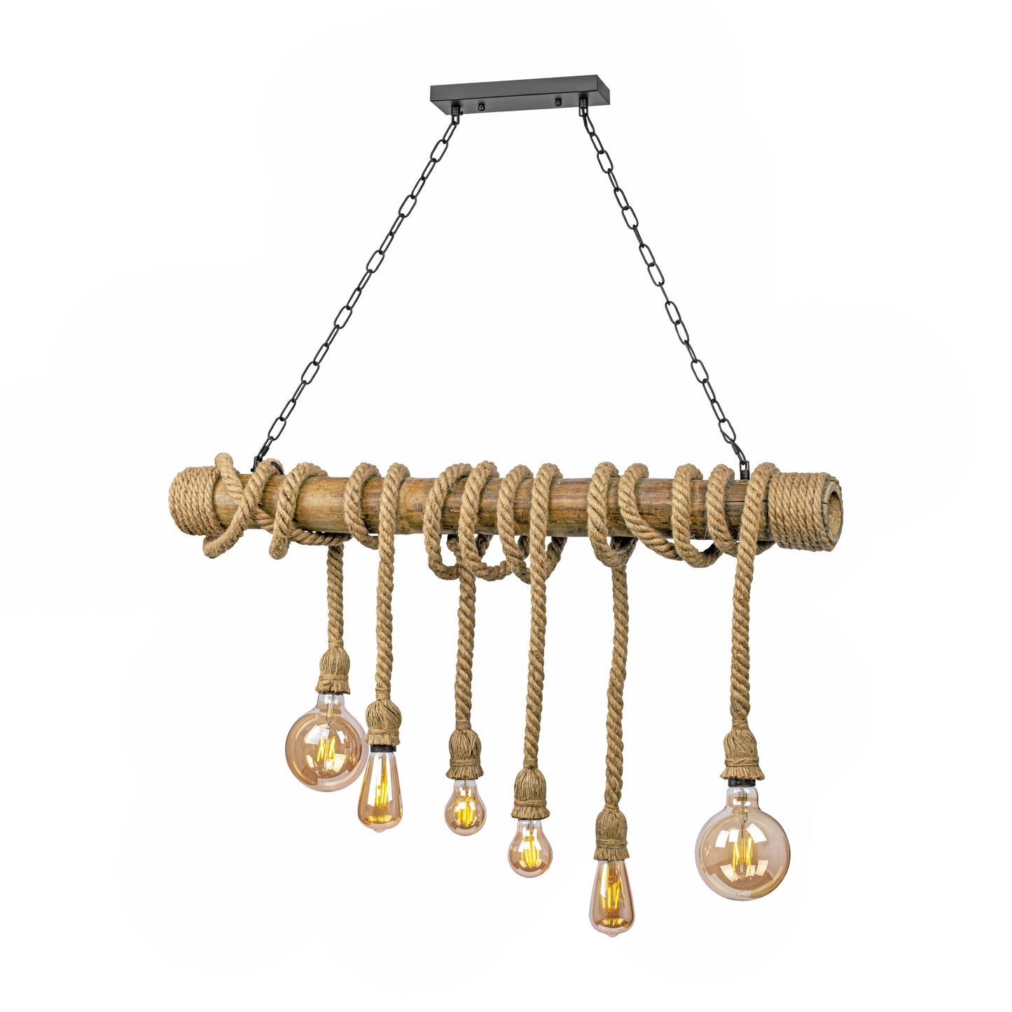 Bamboo and hemp rope rod chandelier with 6xe27 main