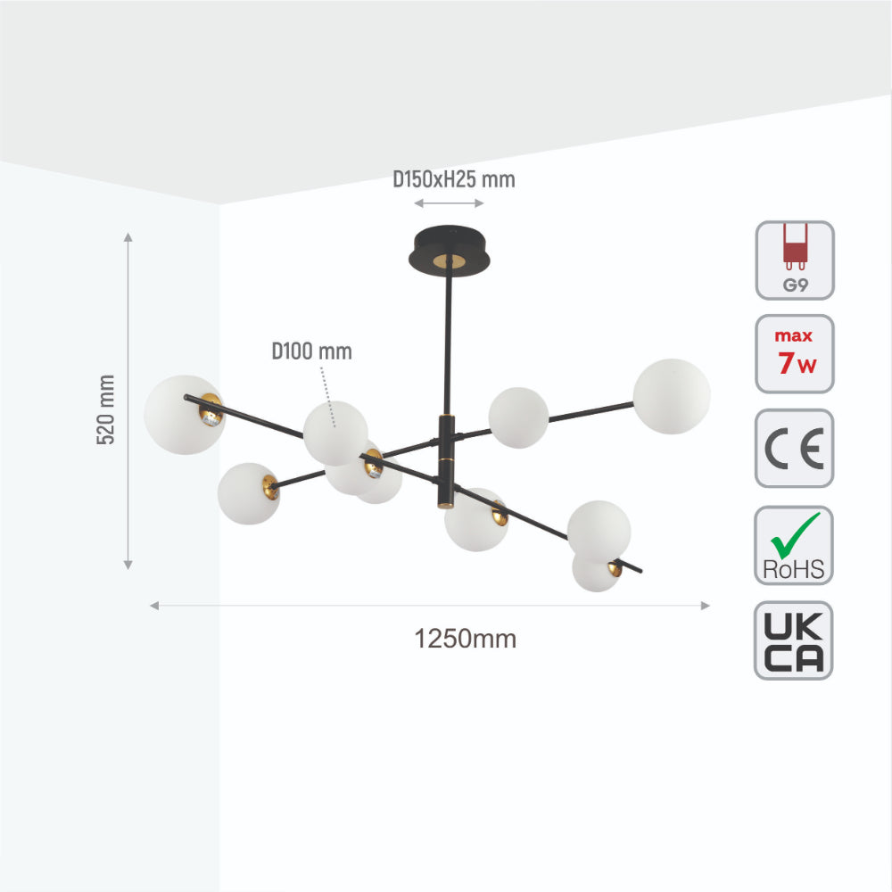 Size and specs of White Globe Glass Black Rod Body Ceiling Light Modern Sputnik Tiered Nordic Kitchen Island Chandelier with 10xG9 Fitting | TEKLED 159-17544