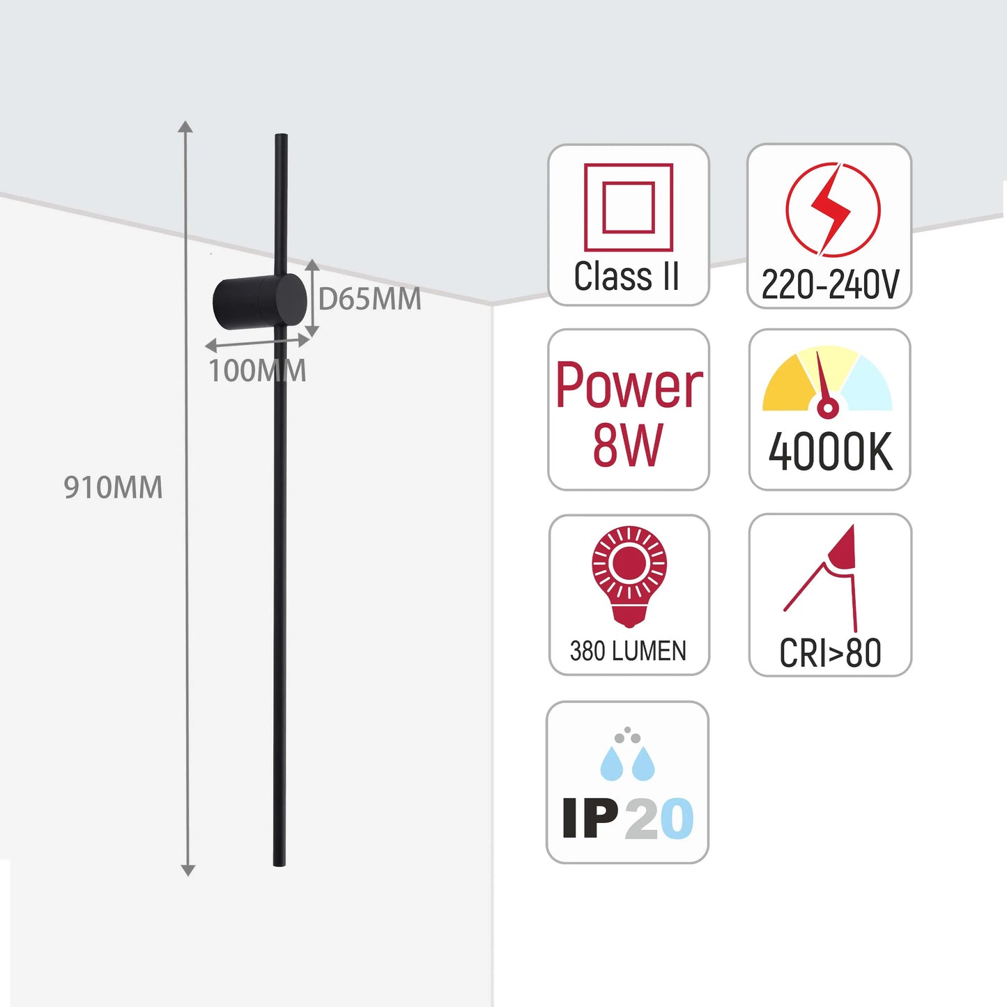 Modern wall light with technical specs: 910mm height, 65mm diameter, 8W power, 380 lumen output, 4000K colour temperature.