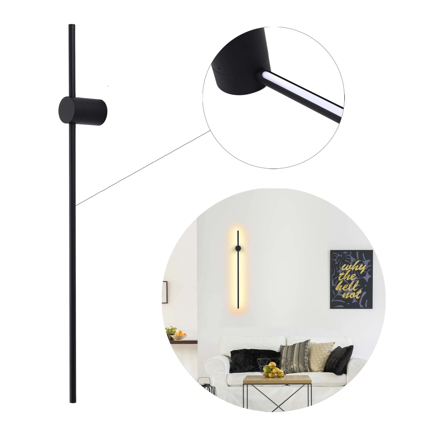 A sleek, modern black wall light emits a soft, warm glow, adding a touch of elegance to any interior space.