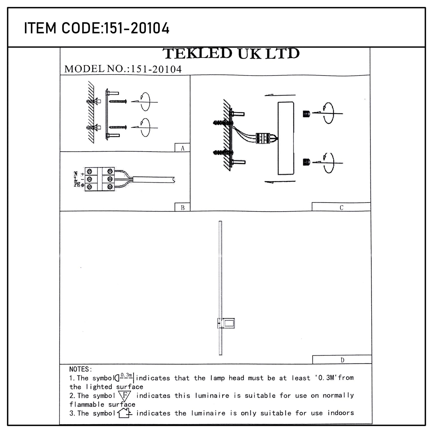 Technical drawing of a TEKLED UK LTD light fitting, model no. 151-20104, showing installation and safety information.
