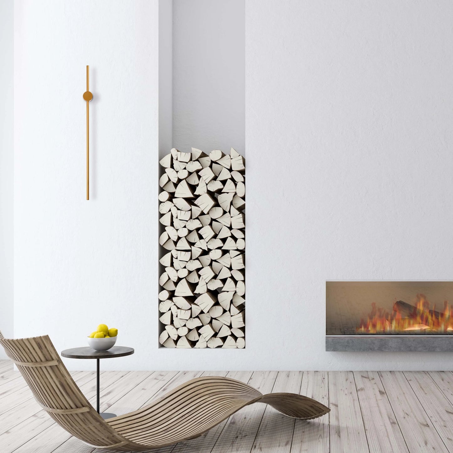 Stylish modern lighting complements a contemporary space. Natural light enhances a wall-mounted minimalist lamp and flickering fire.