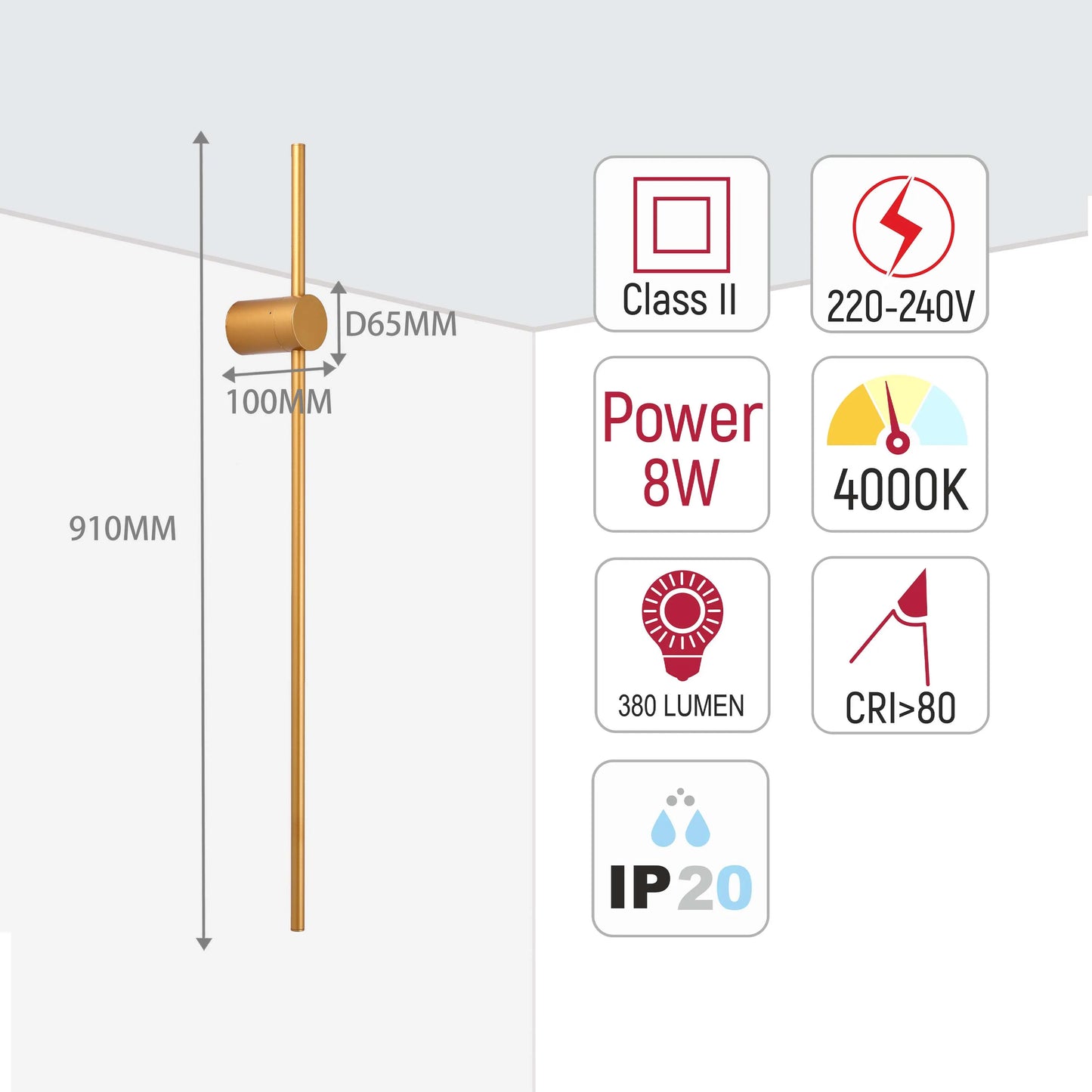 Gold-finish wall light with technical specs. Class II, 8W power, 220-240V, 4000K colour, 380 lumen, CRI>80, IP20 rating. 910mm height, D65mm depth.