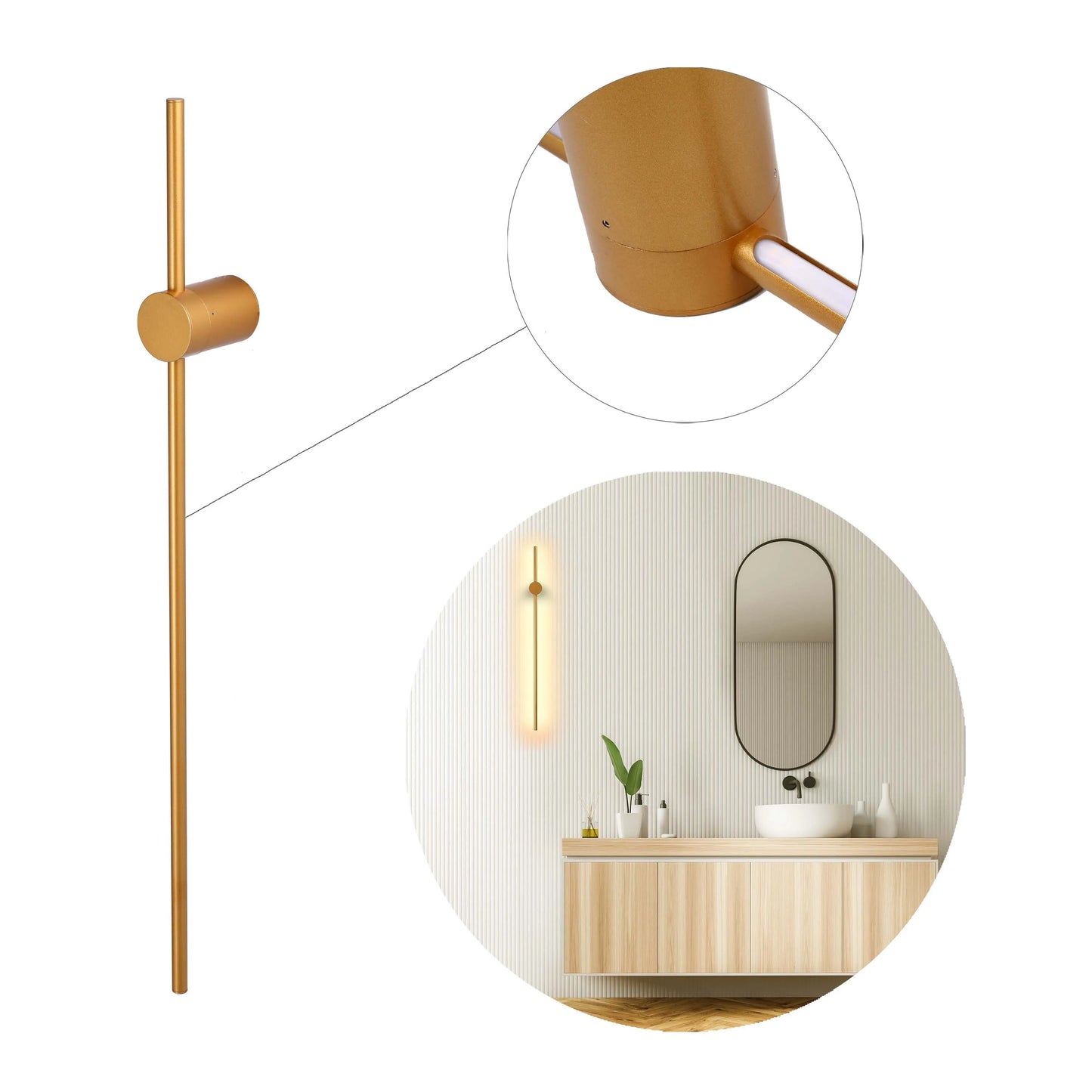 A gold finish modern LED wall light with a circular mid-section and rod design. Also seen installed in a bathroom setting.