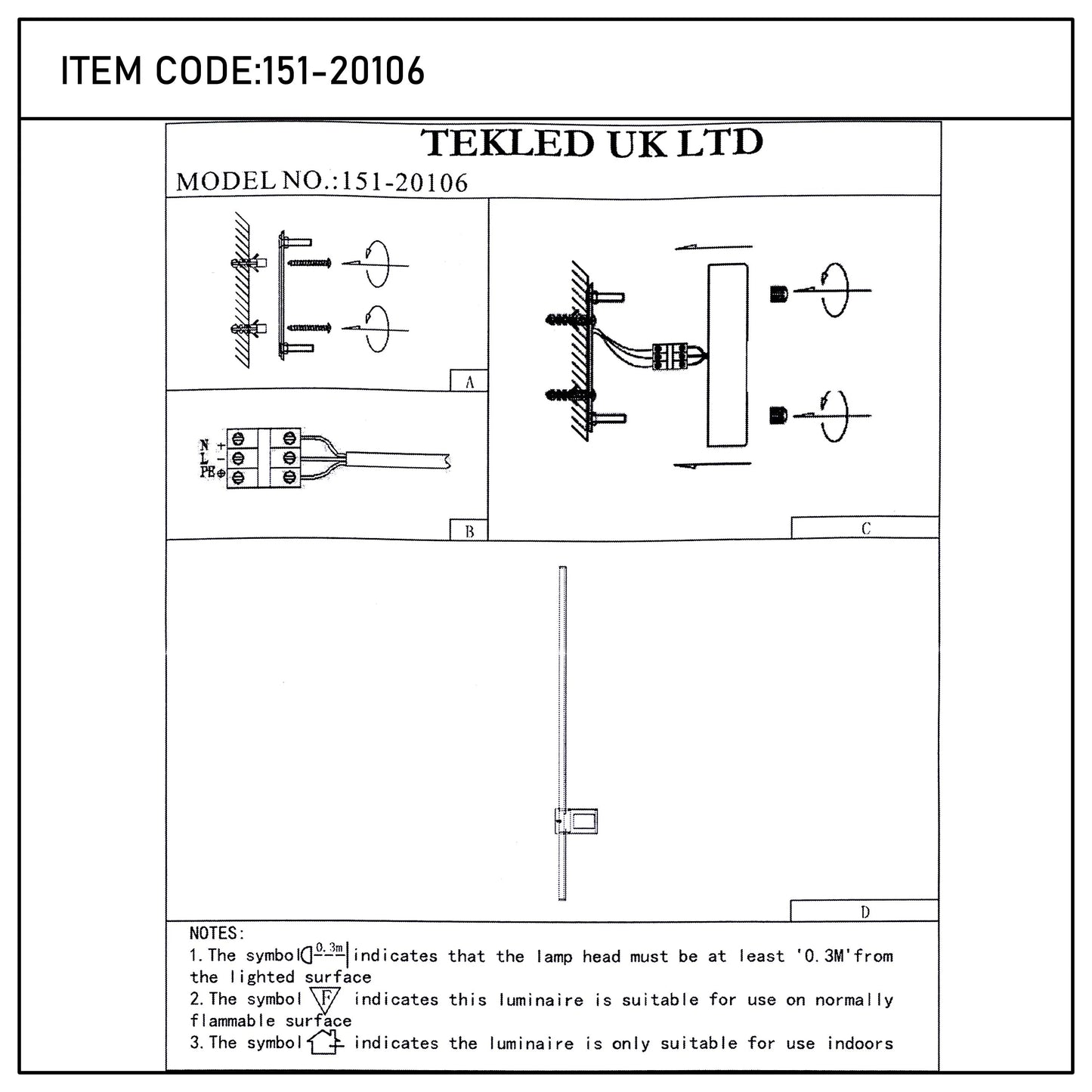 TEKLED UK LTD lighting model 151-20106 diagrams and installation instructions.