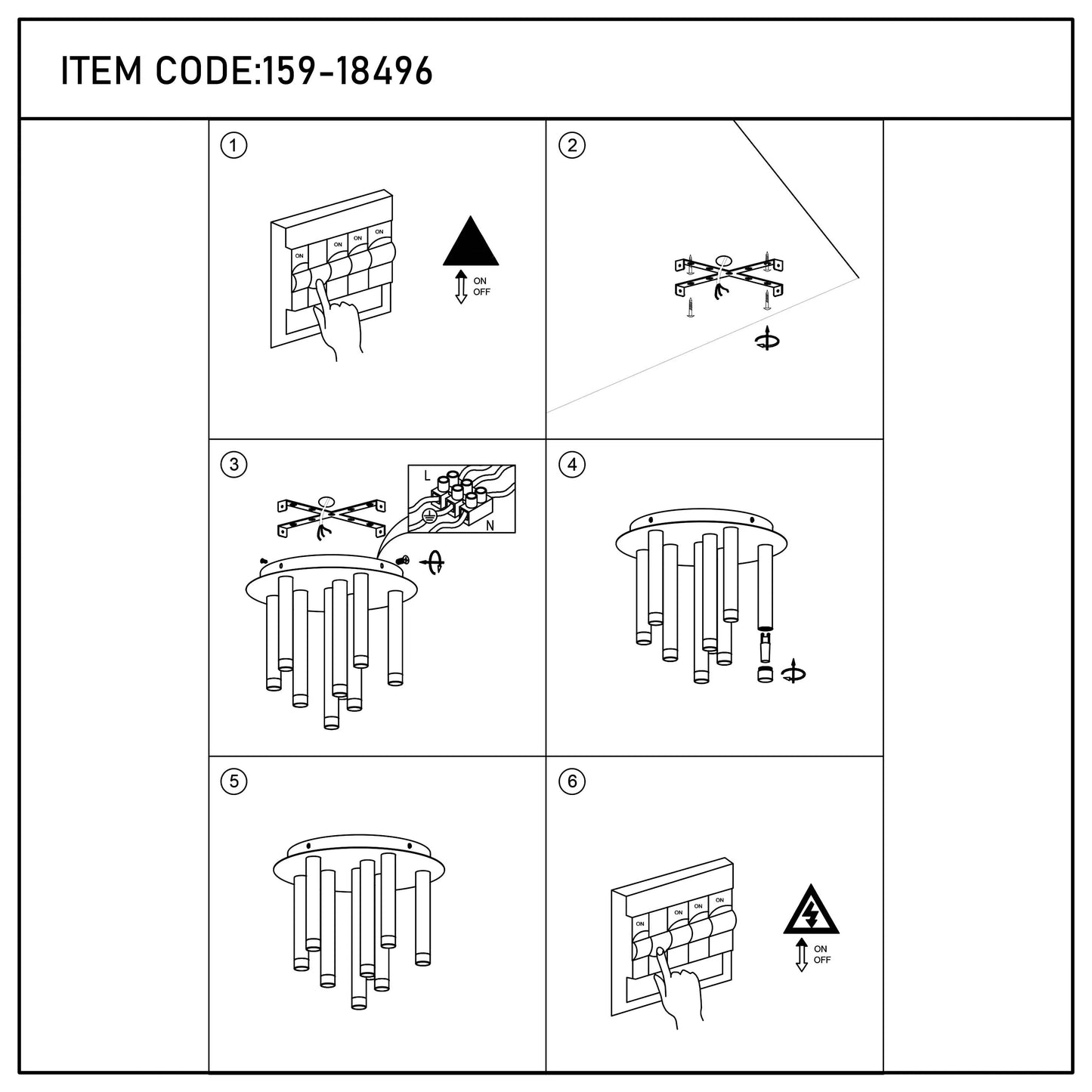 A contemporary light fixture with multiple cylindrical diffusers. A six step assembly guide is shown.